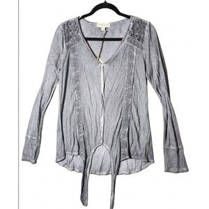 Knox Rose Boho Waffle Knit Tie-Front Top Grey Lace Inset Long Sleeve Size M